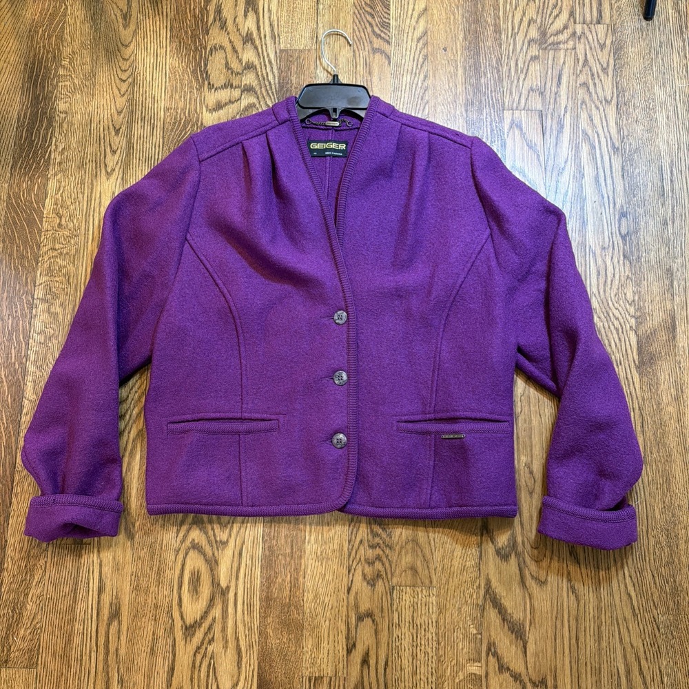 Geiger Tyrol Austria Cardigan Jacket Womens 14-16 Purple Boiled Wool Luxury XL